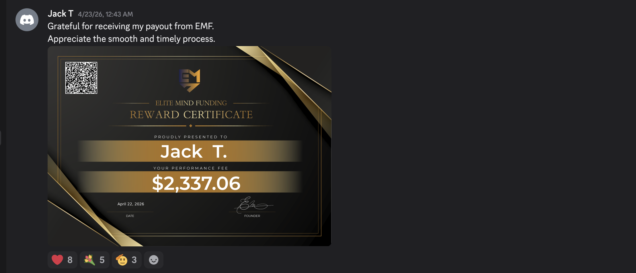 EMF Reward Certificate