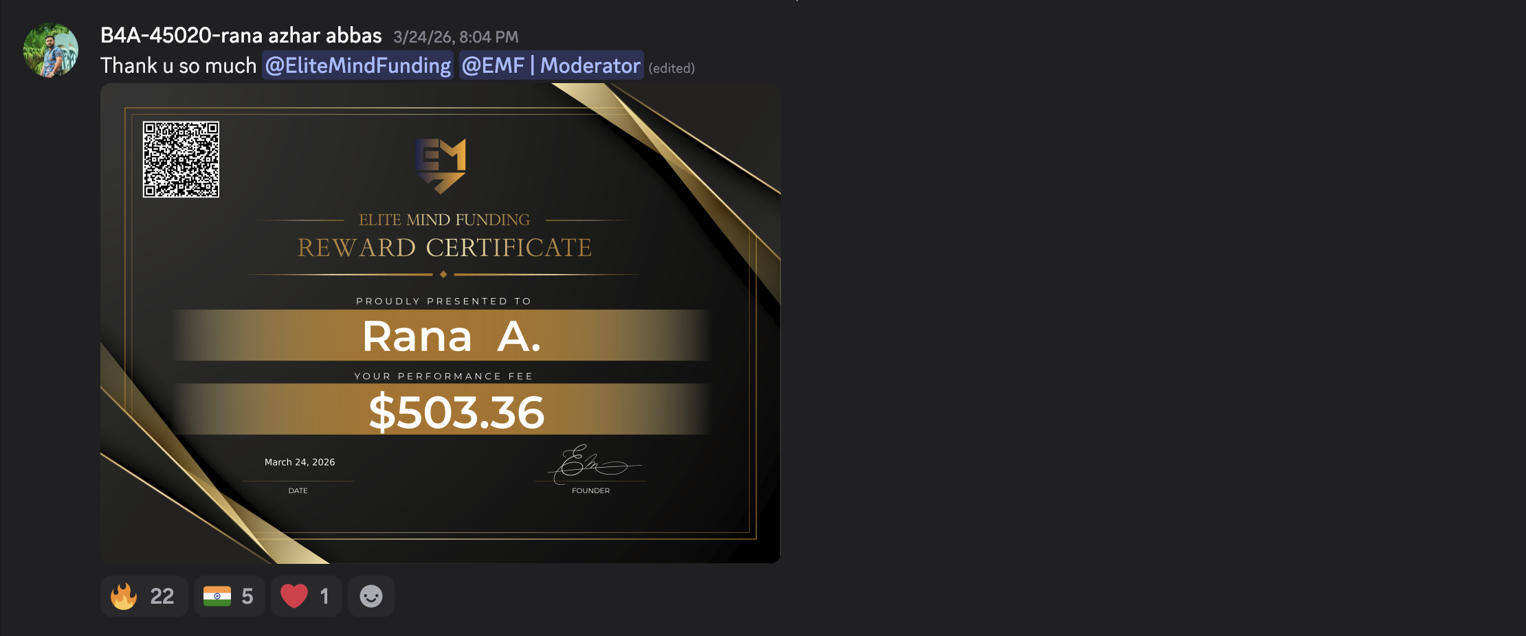 EMF Reward Certificate