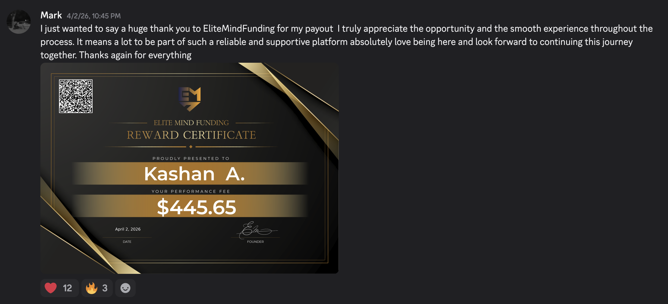EMF Reward Certificate